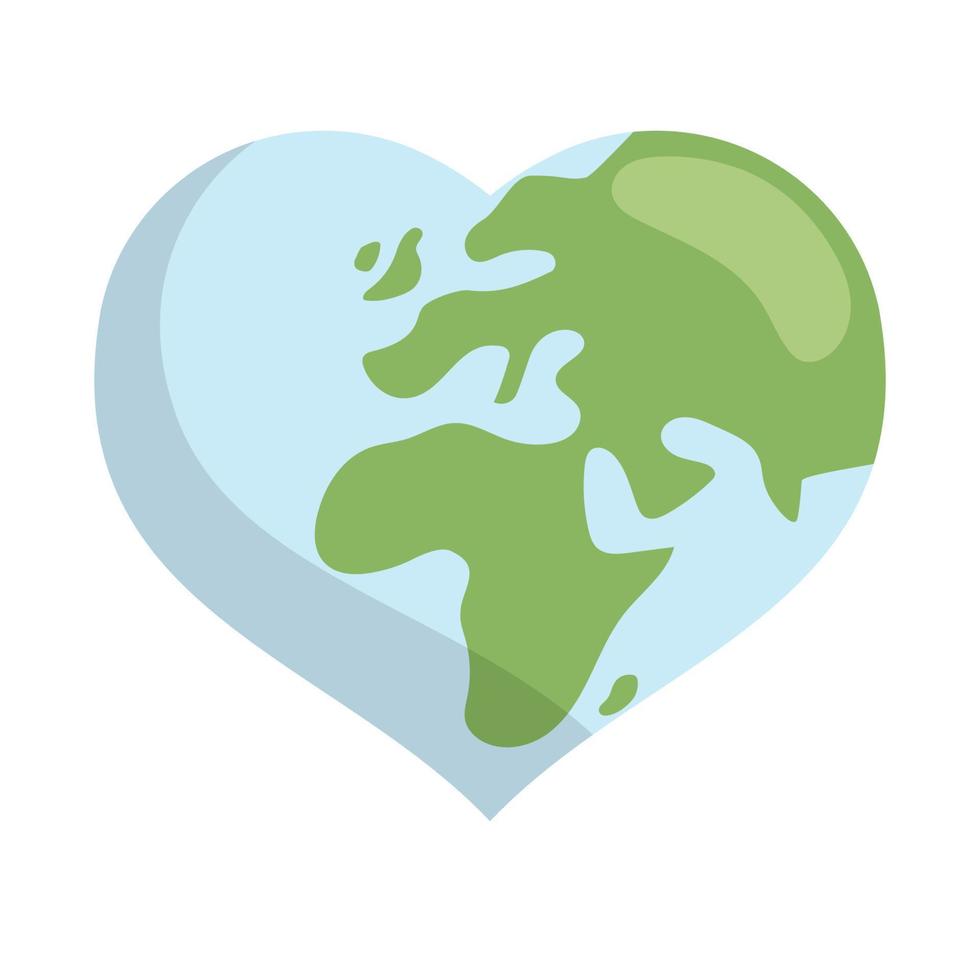 corazón conformado planeta tierra icono. salvar el mundo. eco simpático ambiental mensaje. amor. mapa centrado en África y Europa. vector