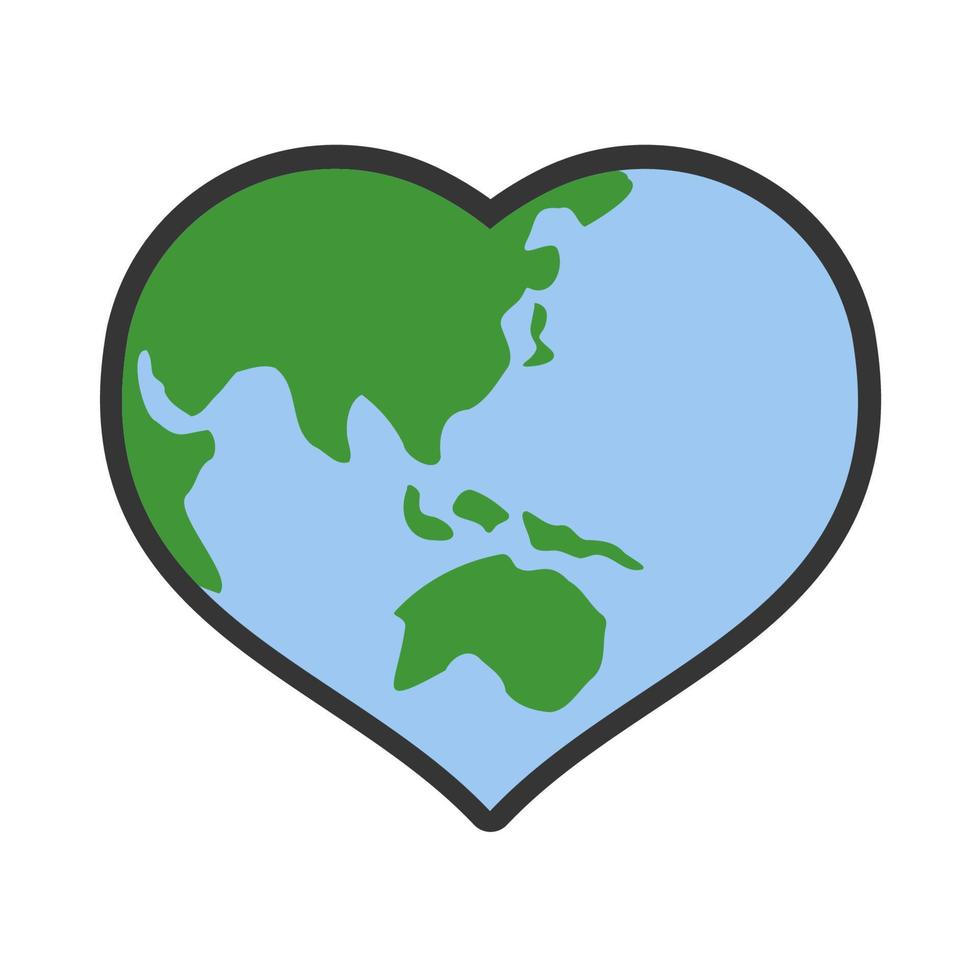 corazón conformado planeta tierra icono. salvar el mundo. eco simpático ambiental mensaje. amor. mapa centrado en Australia y este Asia. vector