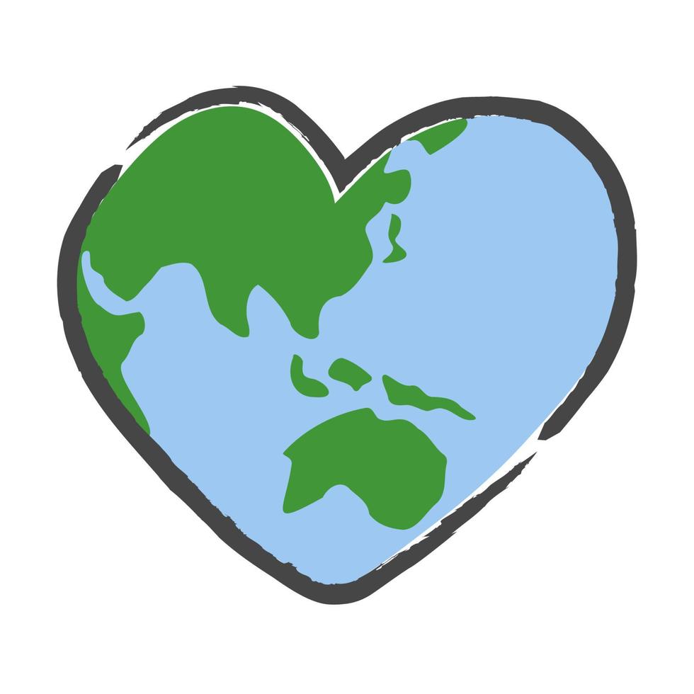 corazón conformado planeta tierra icono. salvar el mundo. eco simpático ambiental mensaje. amor. mapa centrado en Australia y este Asia. vector