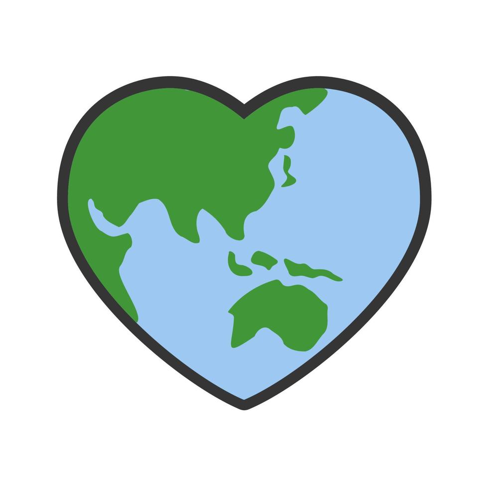 corazón conformado planeta tierra icono. salvar el mundo. eco simpático ambiental mensaje. amor. mapa centrado en Australia y este Asia. vector