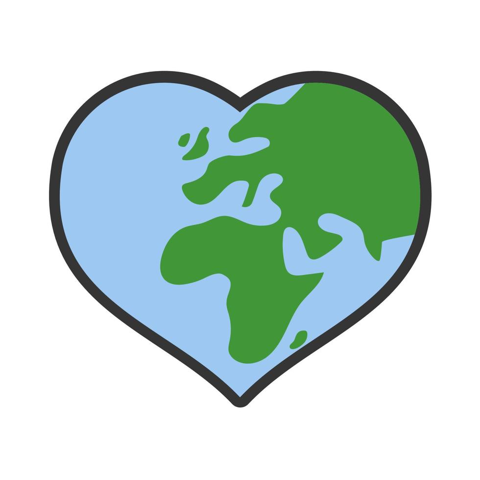 corazón conformado planeta tierra icono. salvar el mundo. eco simpático ambiental mensaje. amor. mapa centrado en África y Europa. vector