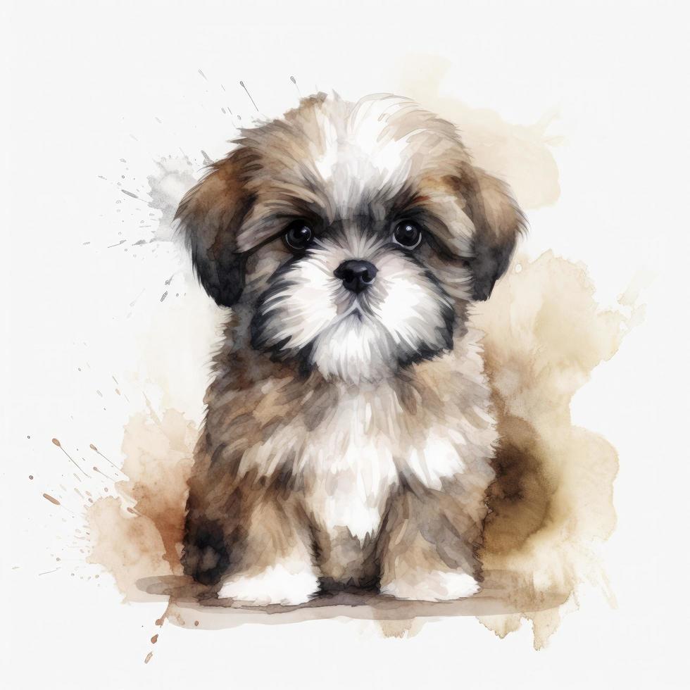 cute fluffy watercolor of a shih Tzu puppy on background, Generate Ai photo