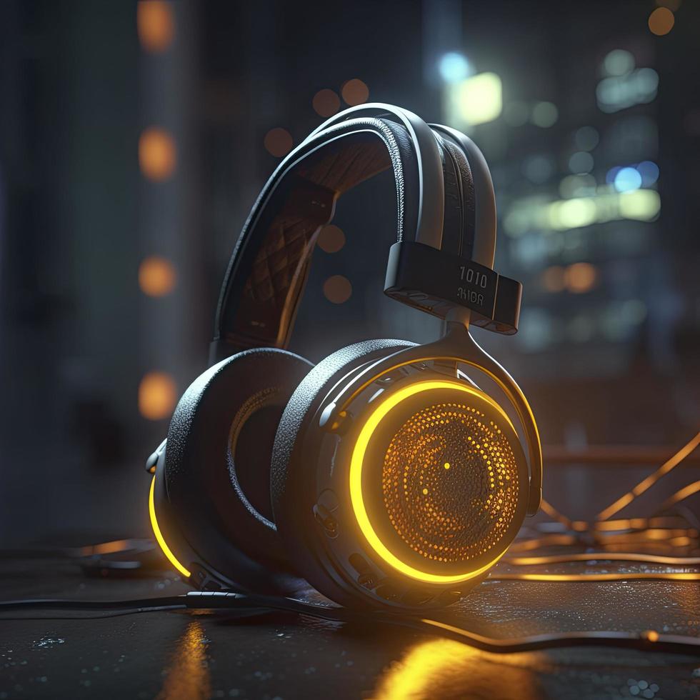 headphones with neon with neon background, generat ai photo