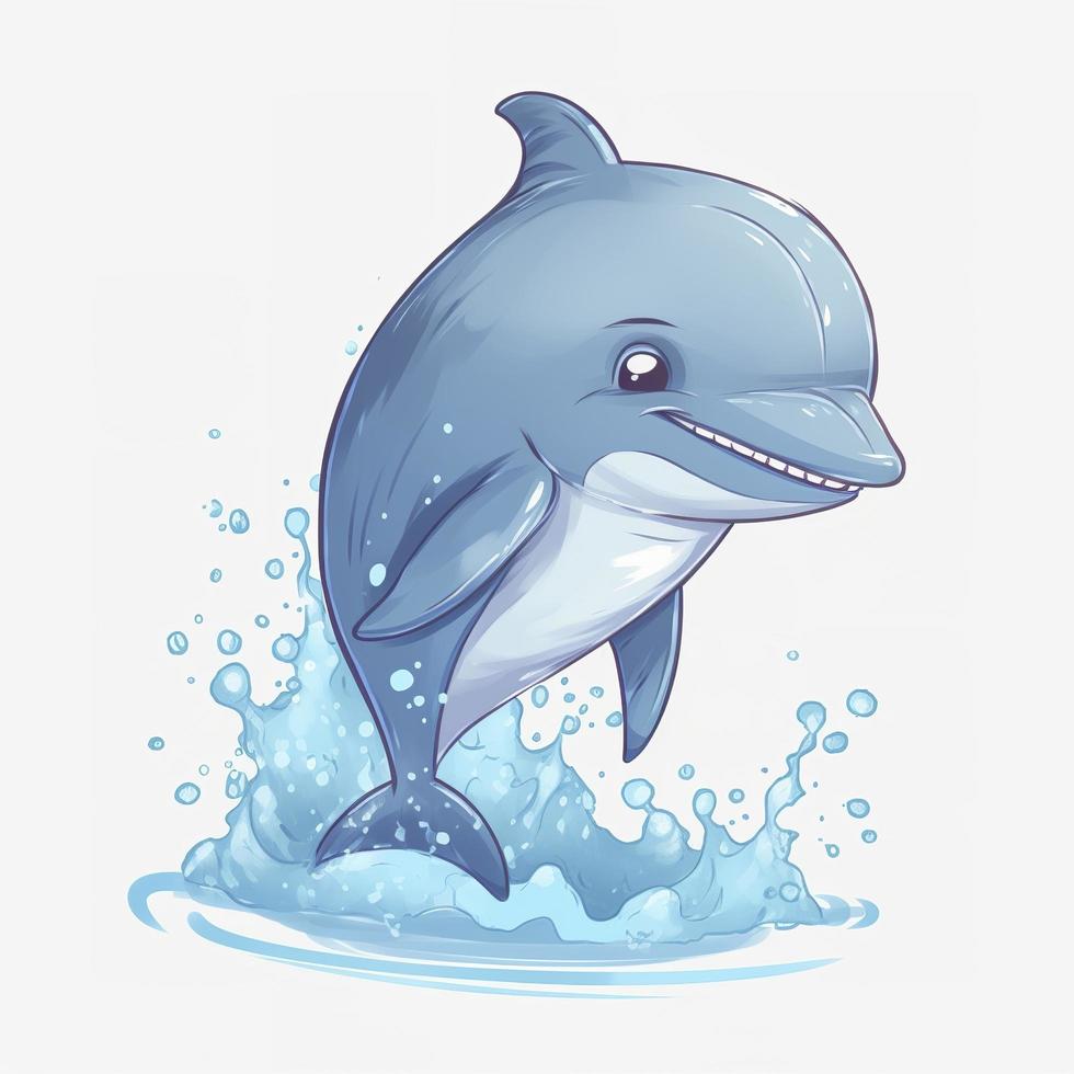 drawn cartoon cute funny dolphin white background, minimalism, generat ai photo