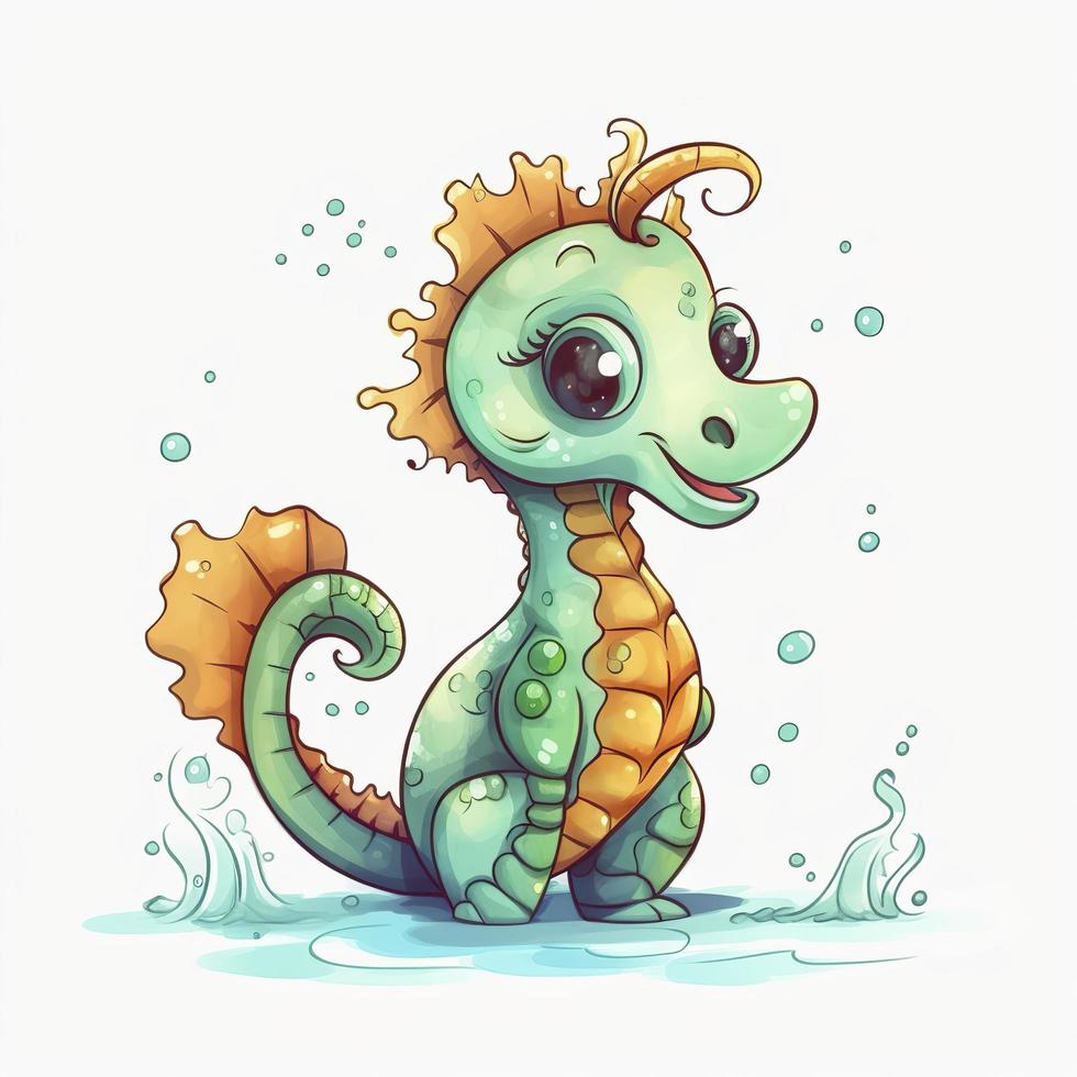 drawn cartoon cute funny seahorse white background, minimalism, generat ai photo