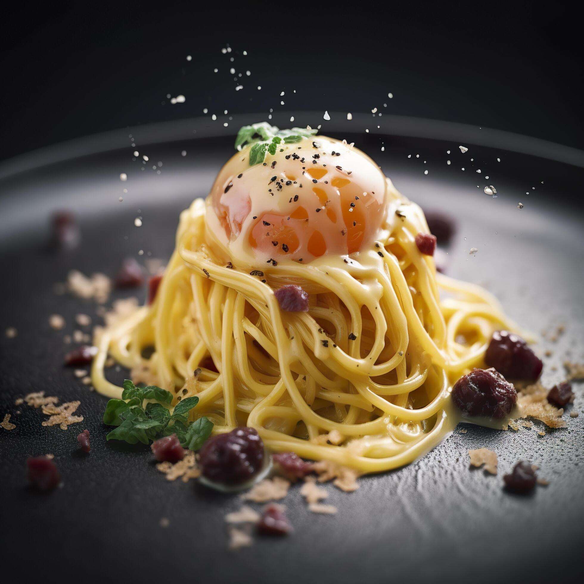 molecular gastronomy inspired reconstructed spaghetti carbonara, modern