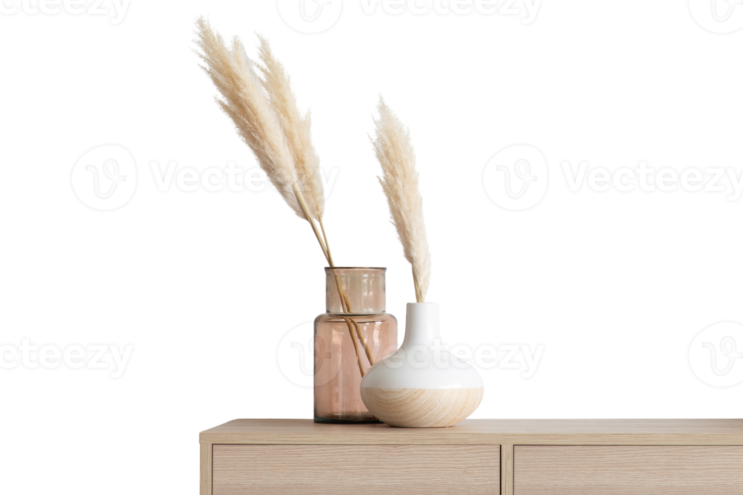 Beige side table with vases and pampas grass isolated on a transparent background png