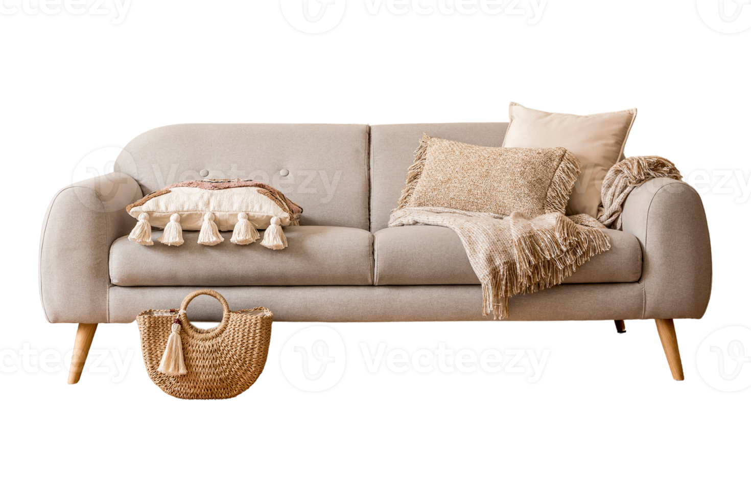 Gray sofa with cushions, blanket and woven handbag isolated on a