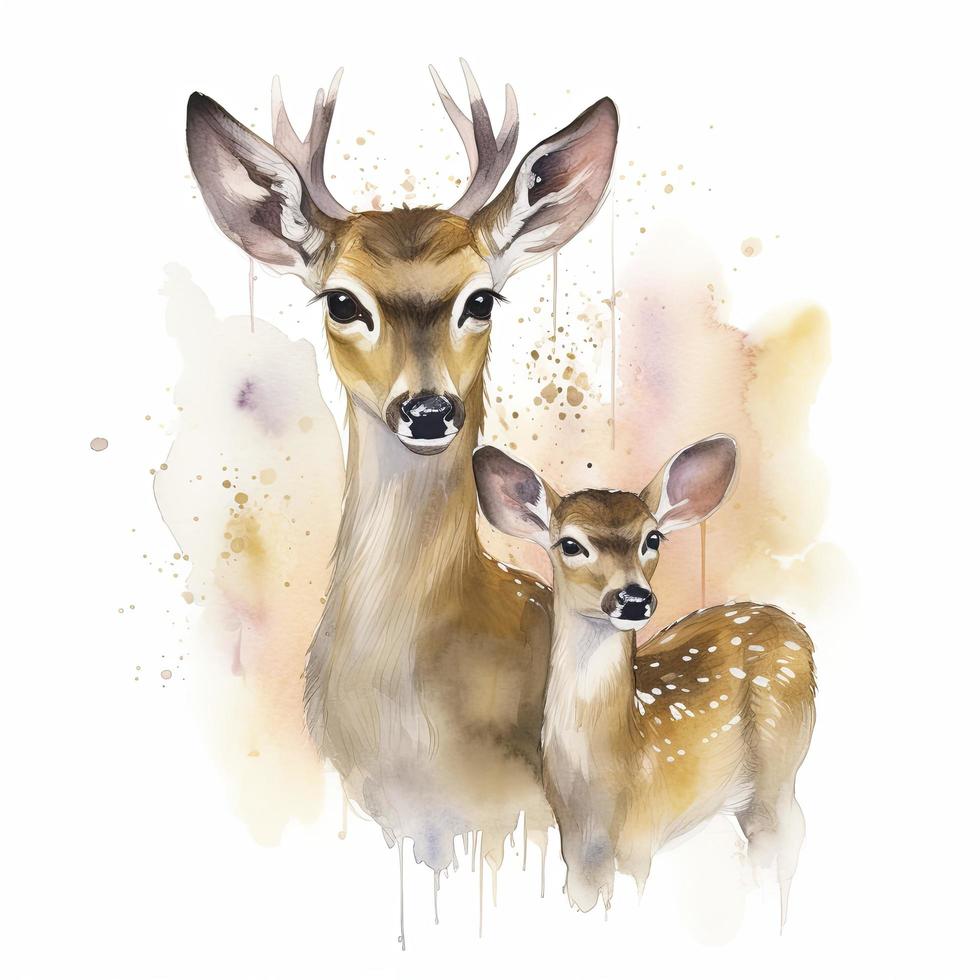 free deer mother with deer child water color, pastel ,white background , generat ai photo