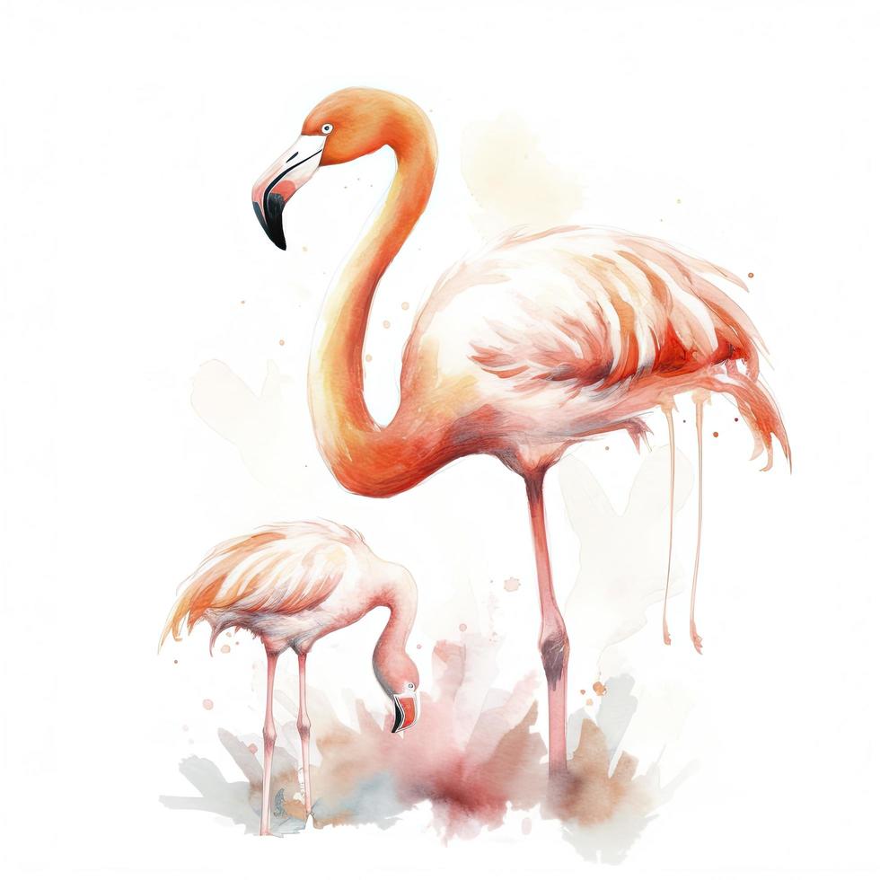 free mother flamingo with flamingo child water color, pastel color with white background, generat ai photo