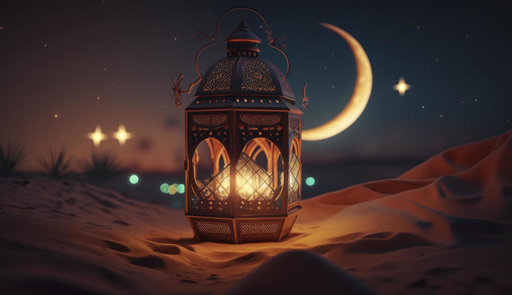 arabia Sáhara linterna y Luna preparar para saludo Ramadán o eid Mubarak tarjetas, generar ai foto