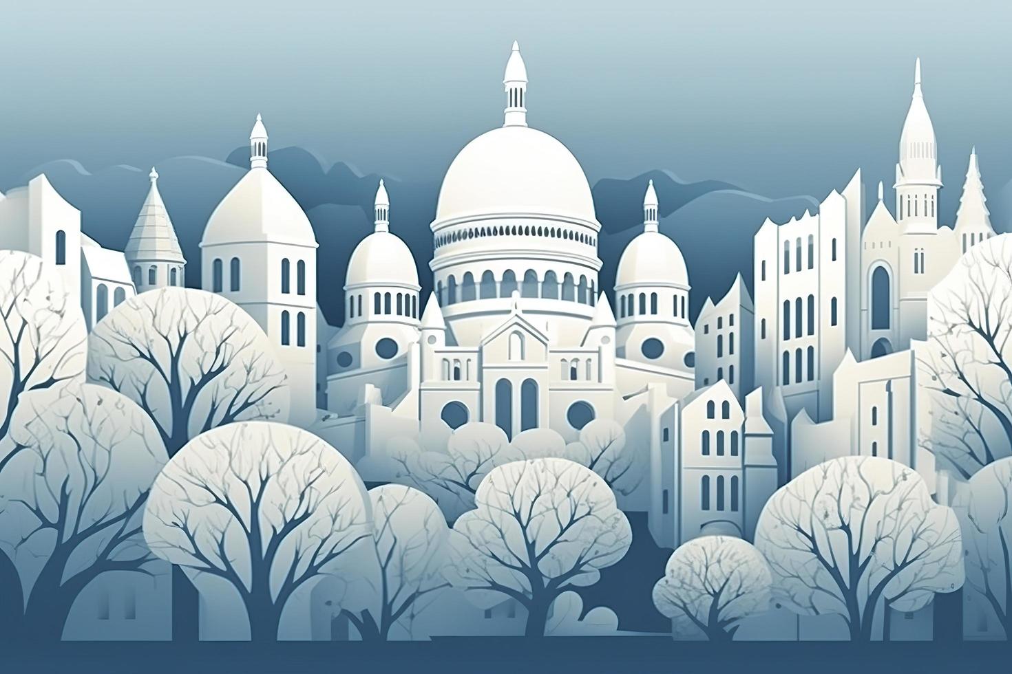 Paris, France, paper art style illustration, white blue pastel color theme, generat ai photo