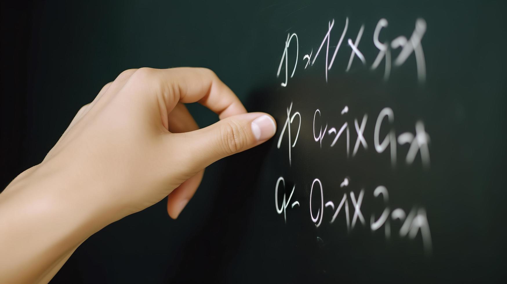 Photo aged math teacher writing formula on chalkboard, generat ai