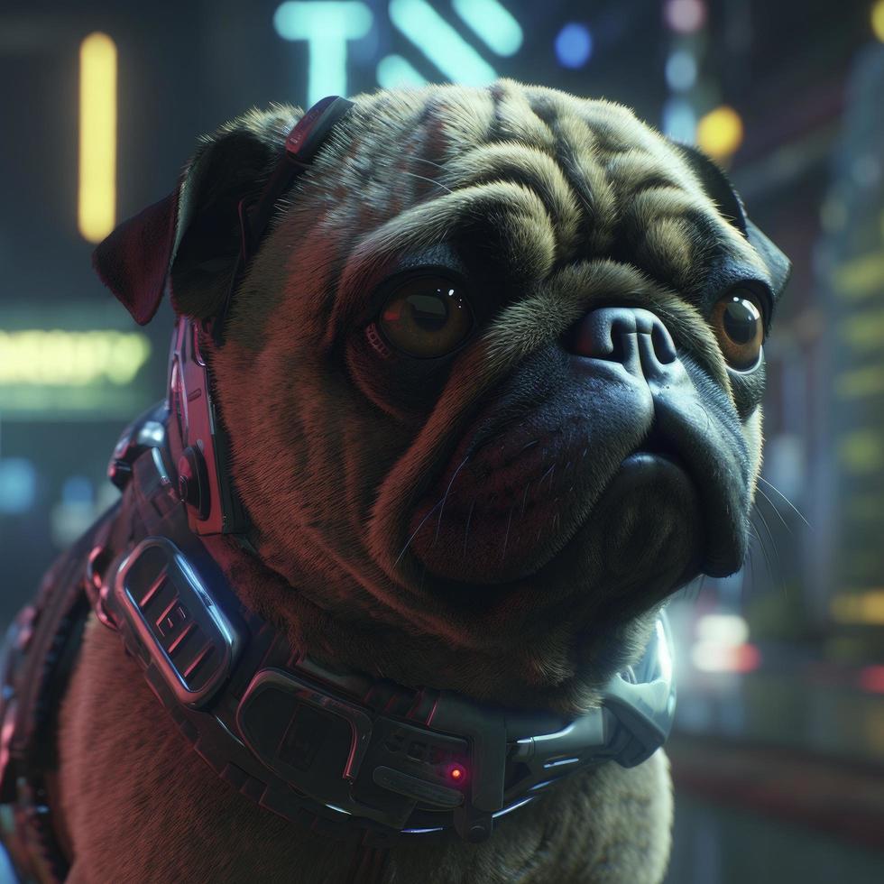 Realistic lifelike pug doggy doggy pup in high end cyberpunk cyber high tech futurist armour outfit, generat ai photo