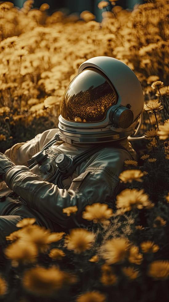 alto textura calidad foto de biomecánica astronauta acostado en un prado de amarillo dalia flores, generar ai