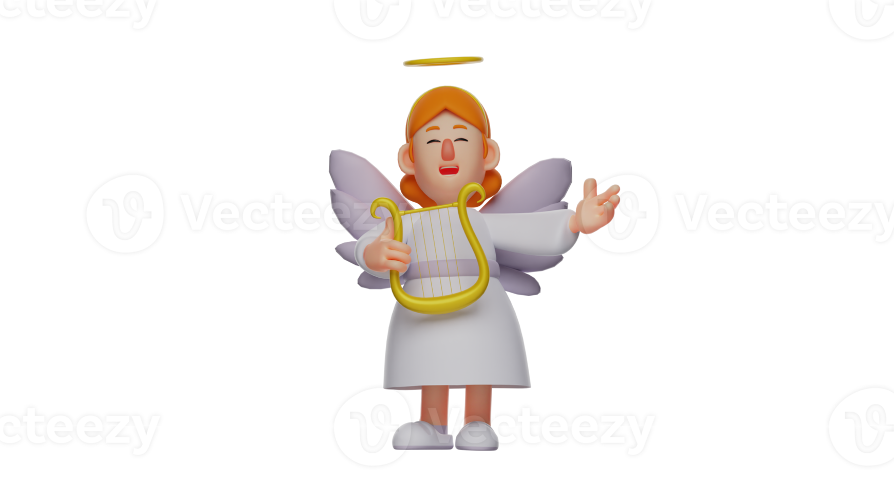 3D illustration. Beautiful Angel 3D Cartoon Character with white wings. Beautiful angel smiling pretty and carrying a musical instrument. Charming beautiful angel. 3D cartoon character png