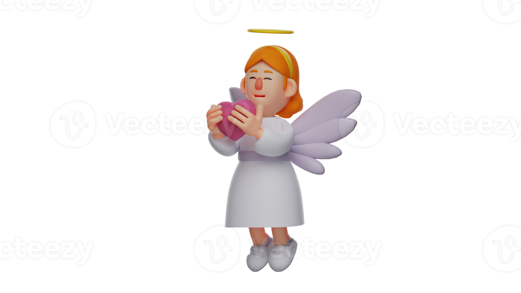 3D illustration. Romantic Angel 3D Cartoon Character. Adorable angel holding purple heart. Beautiful angel hugs heart smiling and closing her eyes. 3D cartoon character png