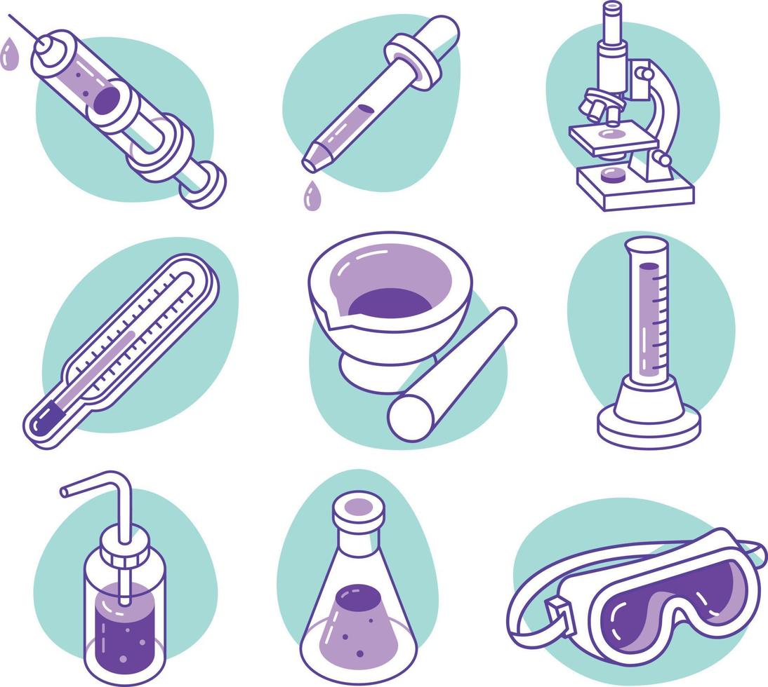 Vector set of medical icons. Glassware, microscope, test tube, pipette, thermometer, flask.