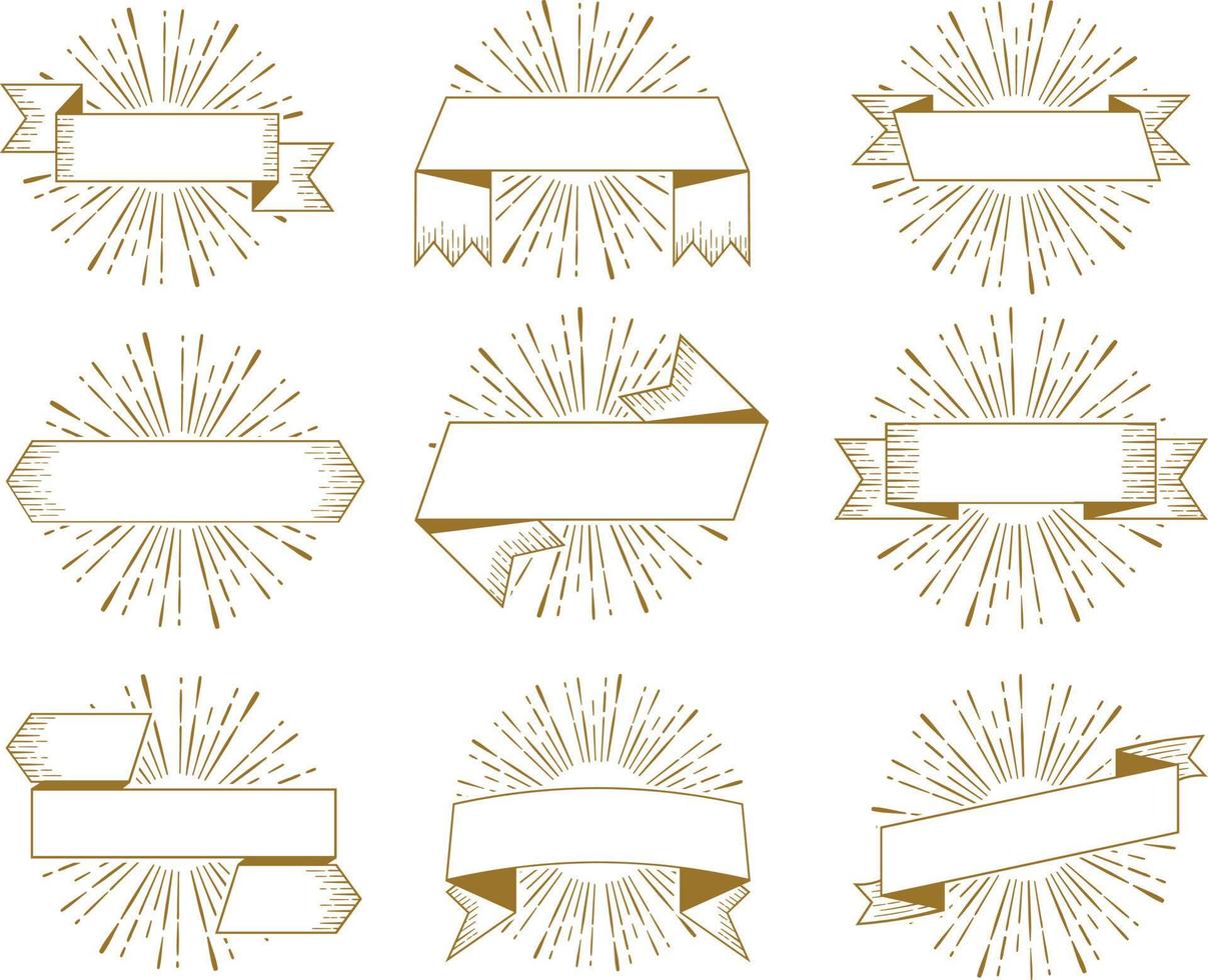 Set of vintage ribbons and sunburst. Hand drawn vector illustration