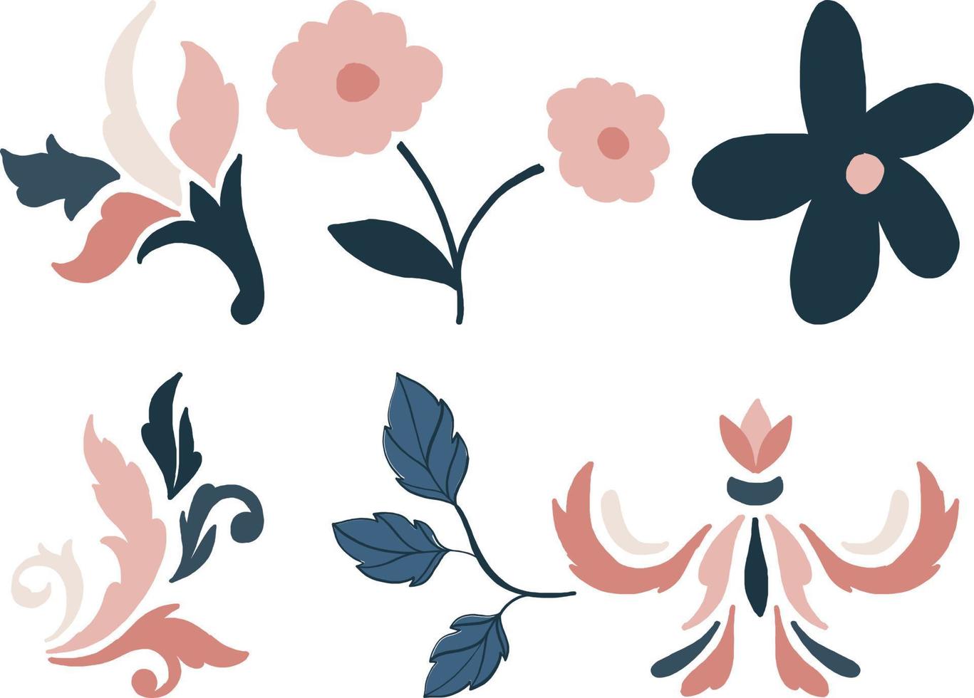 Vector set of hand drawn decorative floral elements in pastel colors.