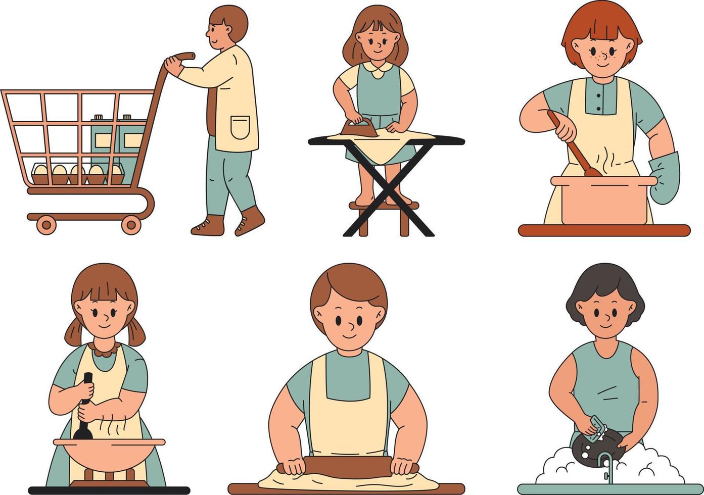 Set of people in apron kneading dough. Vector illustration.