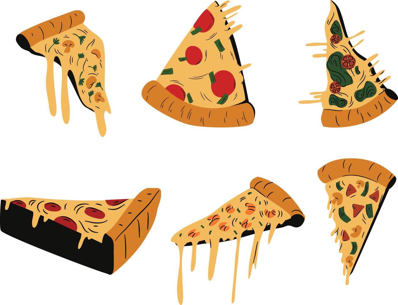 pizzas pieces for italian retro menu. Pizza slices cartoon set. Vector illustration. Isolated on white background.