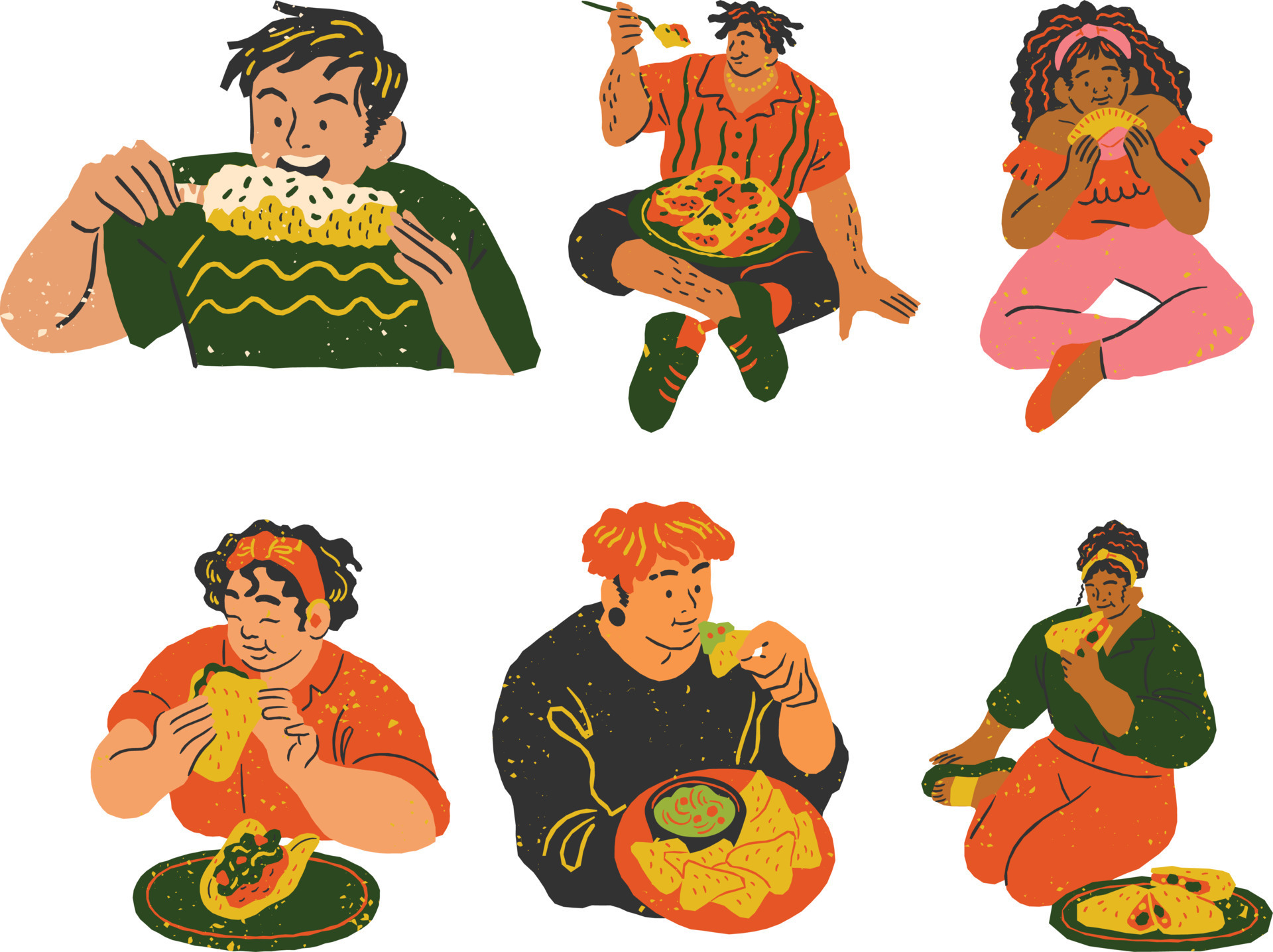 Set of people eating fast food. Colorful vector illustration in cartoon