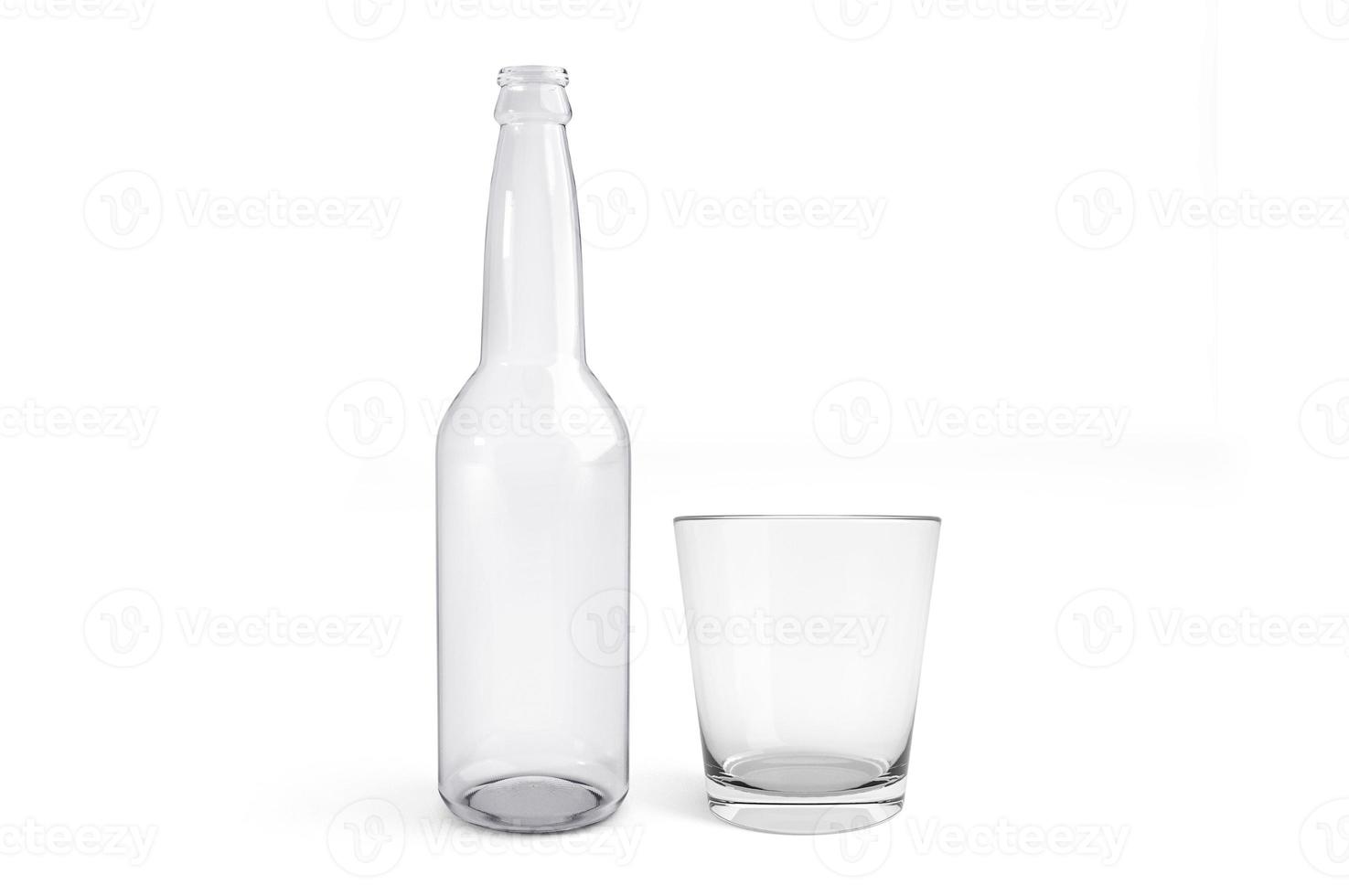 Glass empty bottle and glass on white background. 3d render photo
