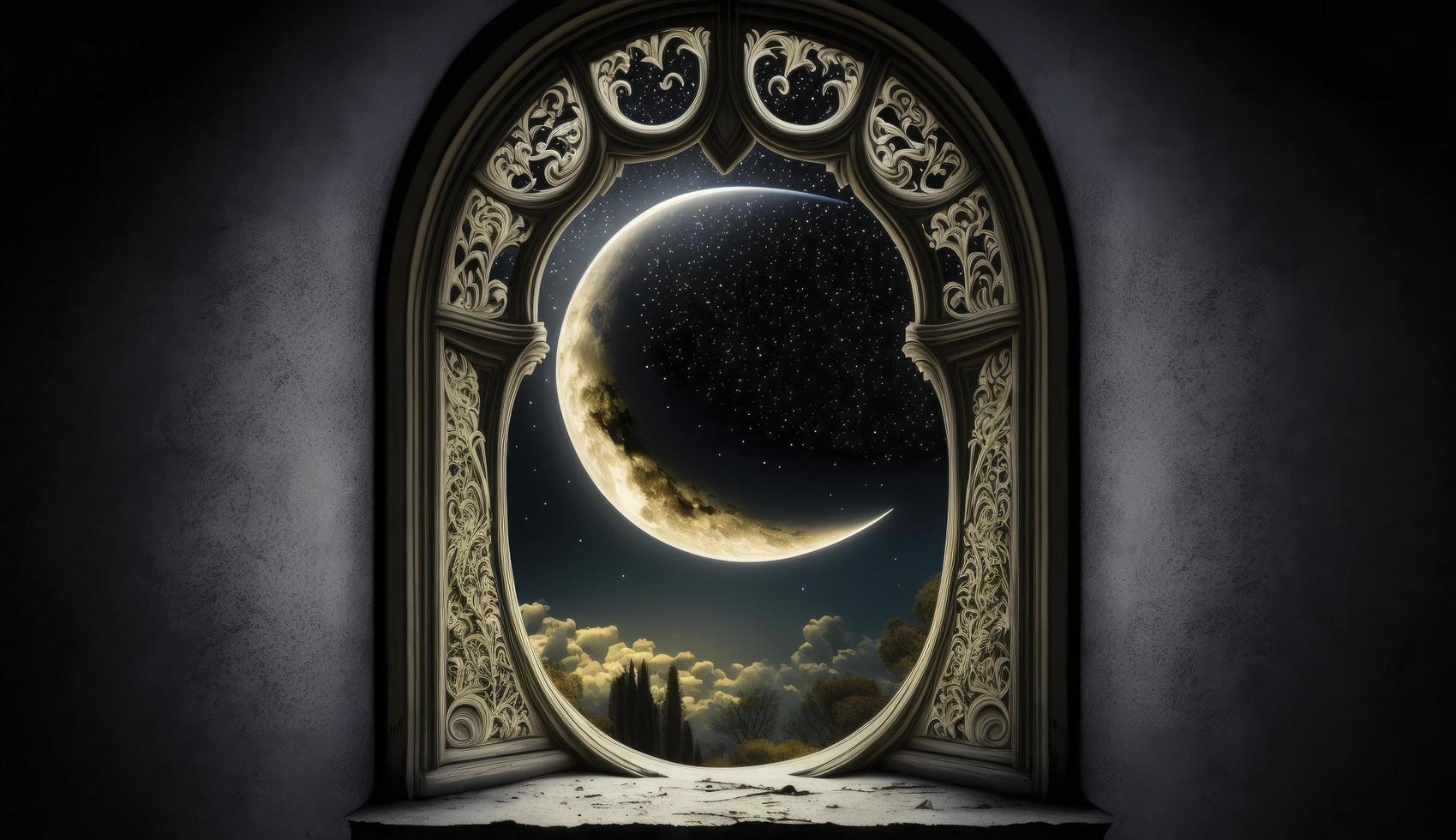 Mystical window with crescent moon in night sky, Islamic greeting Eid Mubarak for Muslim Holidays. Eid-Ul-Adha festival celebration. Arabic Ramadan Kareem, Generate Ai photo