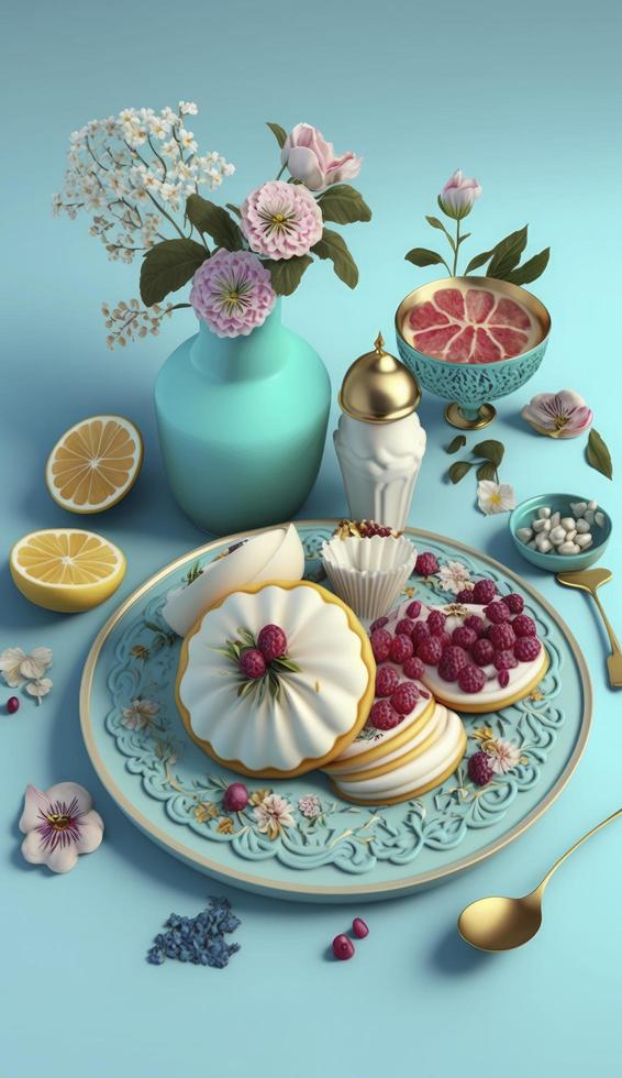 Iftar meals and gatherings with flowers , pastel colors, on blue background. Creativity of human.3d render and illustration, Generate Ai photo