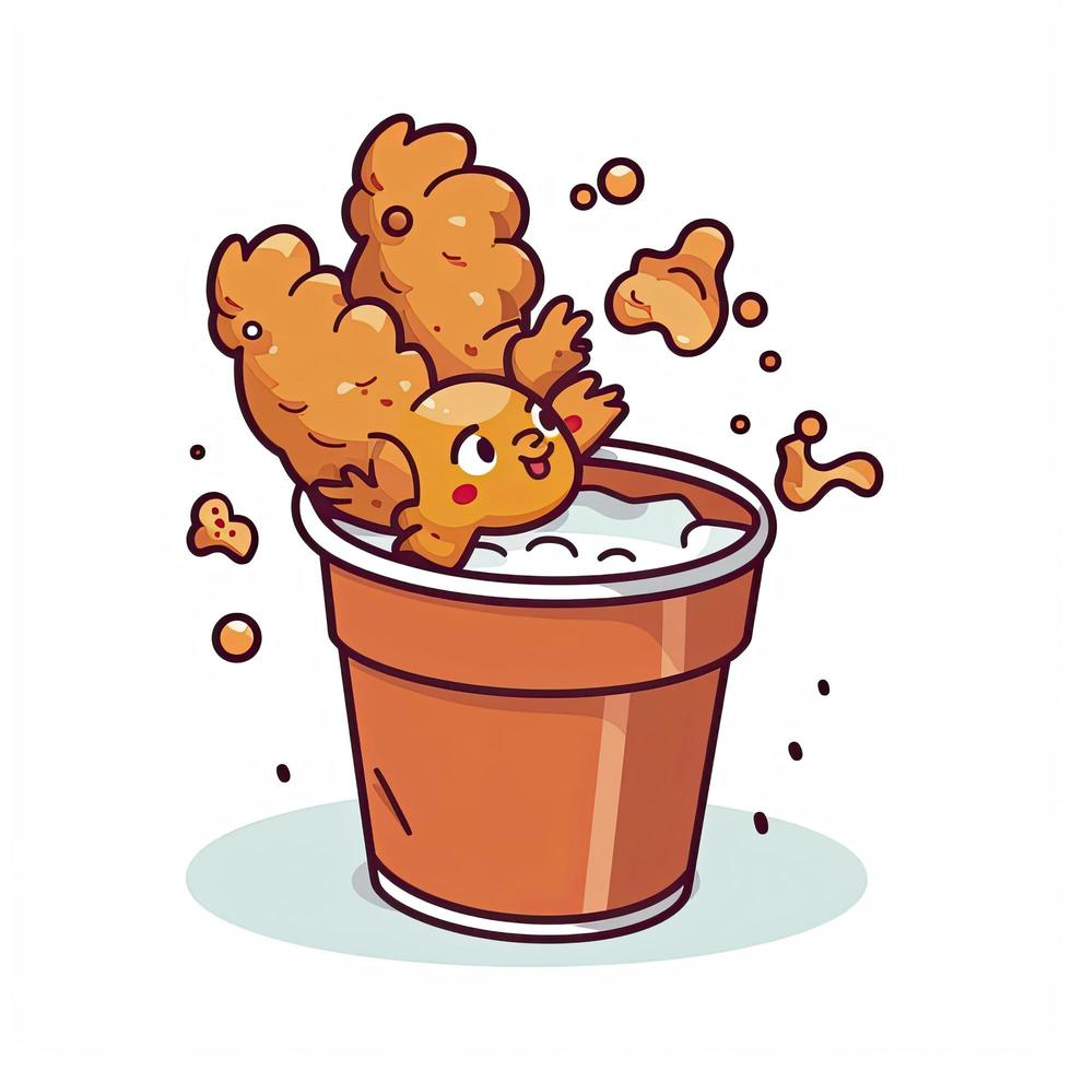 Flying fried chicken with bucket cartoon icon illustration, generat ai photo