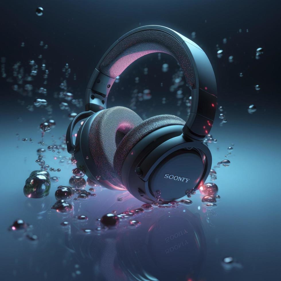 headphone suspended in water with neon light reflection and water and starry sky connected together, generat ai photo