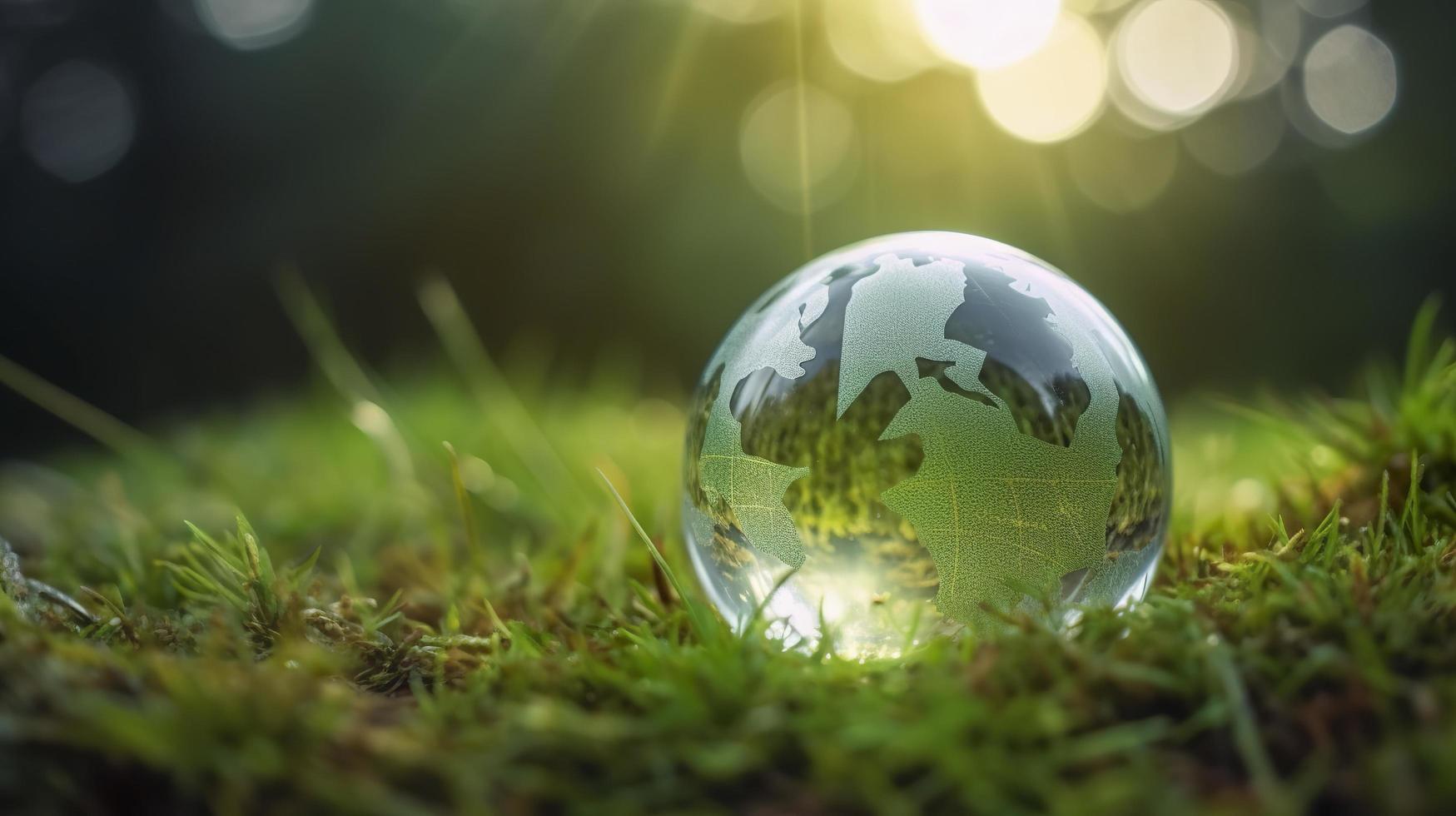 a glass globe concept day earth save the world save environment the world is in the grass of the green bokeh background, generat ai photo