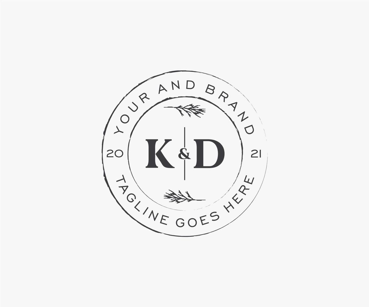 initial KD letters floral frames. Botanical feminine editable premade monoline unique decoration for greeting card, wedding invitation. vector