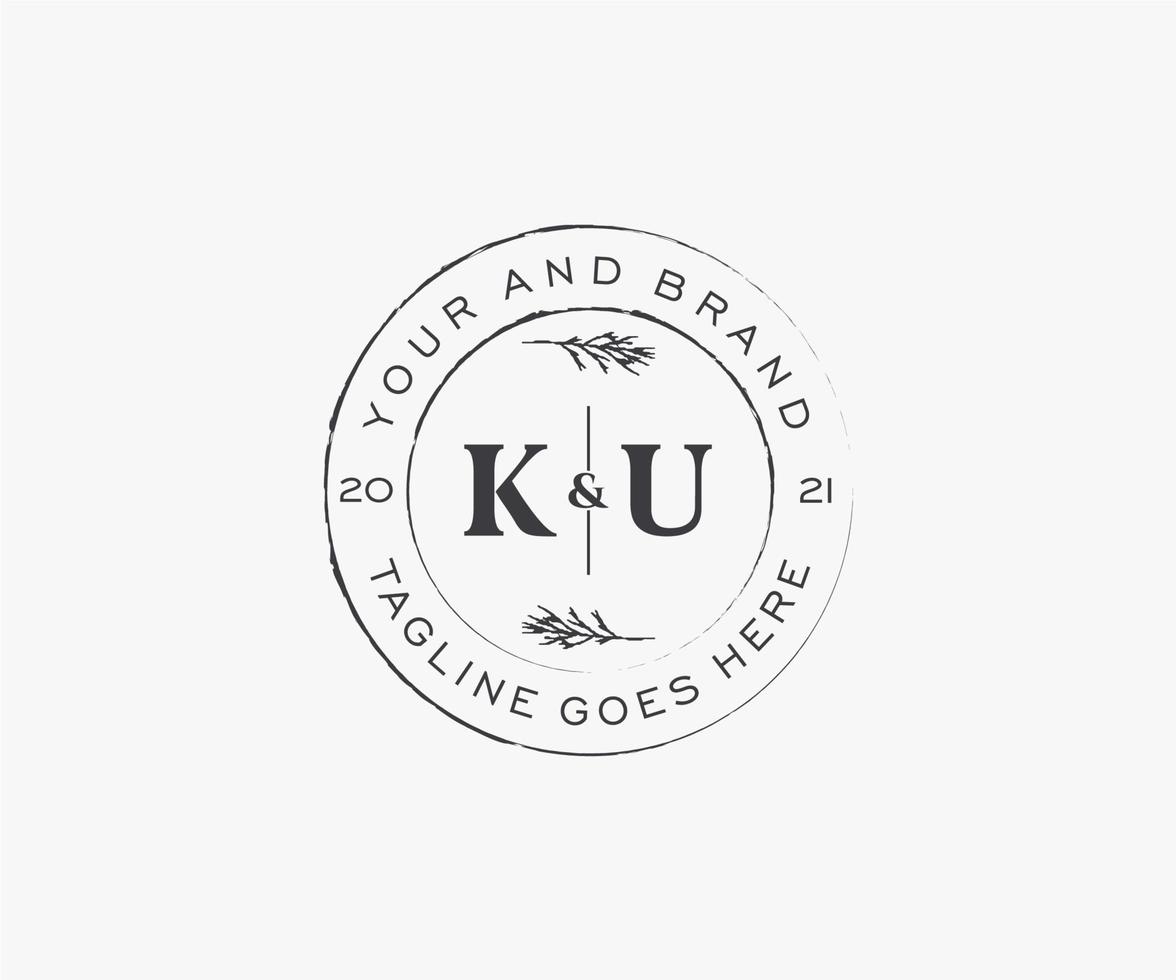 initial KU letters floral frames. Botanical feminine editable premade monoline unique decoration for greeting card, wedding invitation. vector