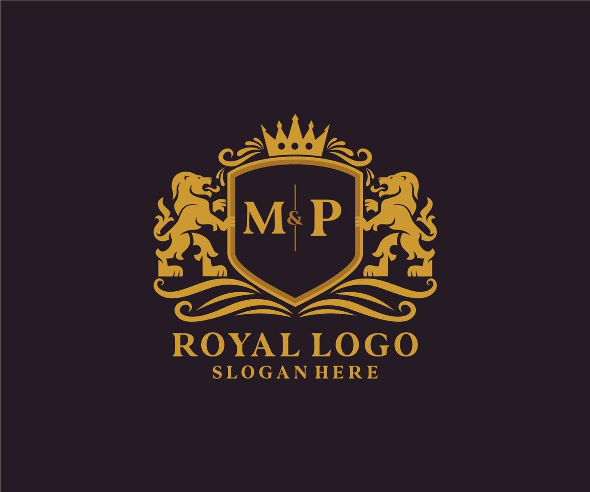Initial MP Letter Lion Royal Luxury Logo template in vector art for Restaurant, Royalty, Boutique, Cafe, Hotel, Heraldic, Jewelry, Fashion and other vector illustration.