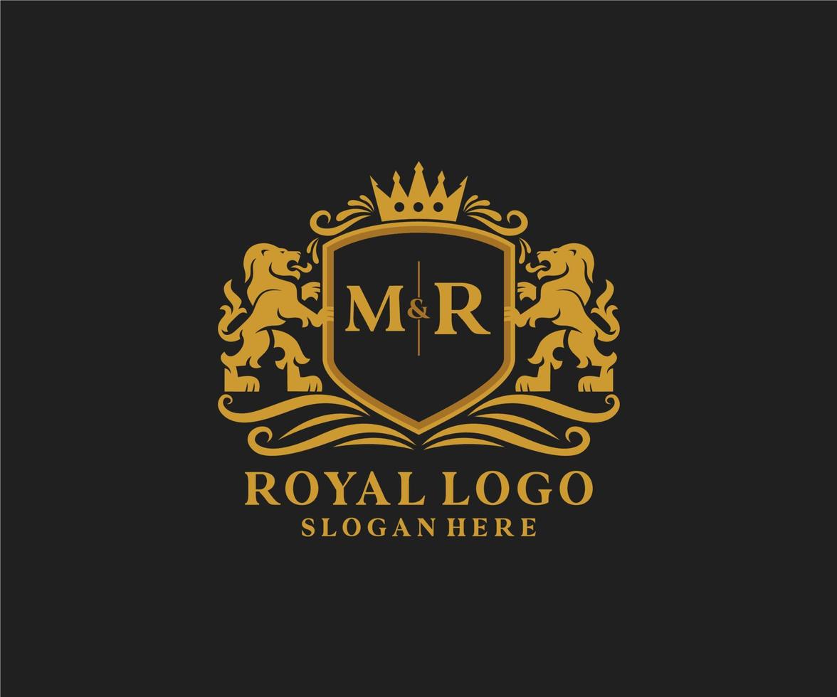 Initial MR Letter Lion Royal Luxury Logo template in vector art for Restaurant, Royalty, Boutique, Cafe, Hotel, Heraldic, Jewelry, Fashion and other vector illustration.