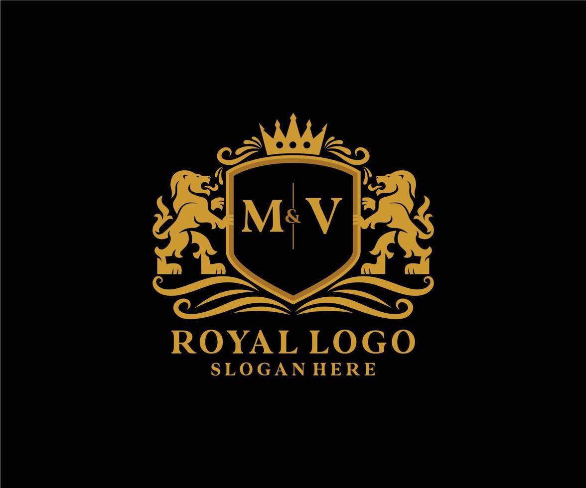 Initial MV Letter Lion Royal Luxury Logo template in vector art for Restaurant, Royalty, Boutique, Cafe, Hotel, Heraldic, Jewelry, Fashion and other vector illustration.