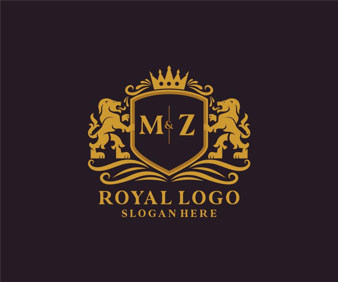 Initial MZ Letter Lion Royal Luxury Logo template in vector art for Restaurant, Royalty, Boutique, Cafe, Hotel, Heraldic, Jewelry, Fashion and other vector illustration.