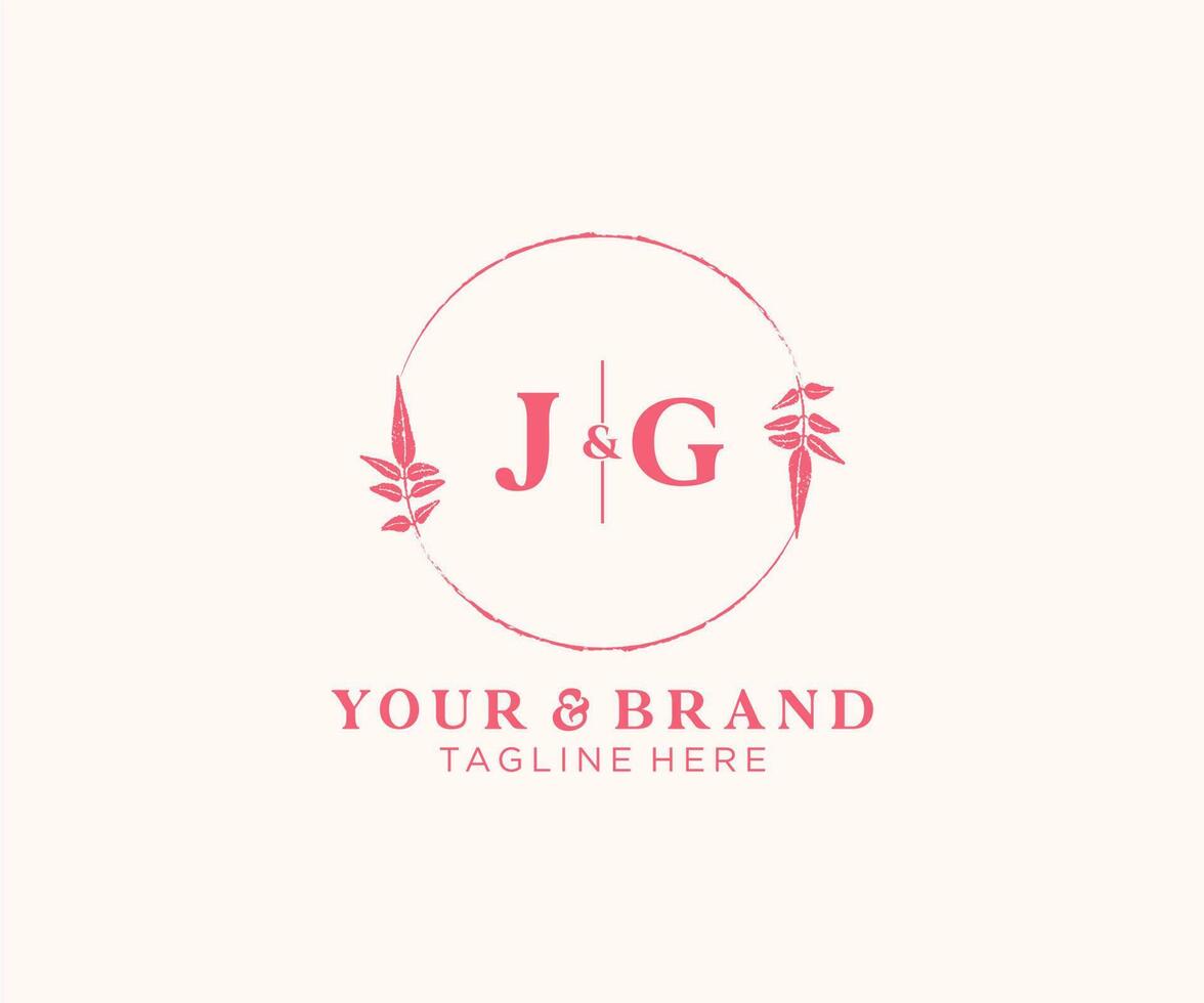 initial JG letters floral frames. Botanical feminine editable premade monoline unique decoration for greeting card, wedding invitation. vector