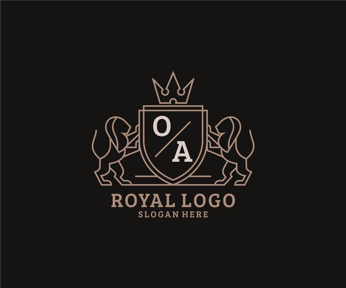 Initial OA Letter Lion Royal Luxury Logo template in vector art for Restaurant, Royalty, Boutique, Cafe, Hotel, Heraldic, Jewelry, Fashion and other vector illustration.