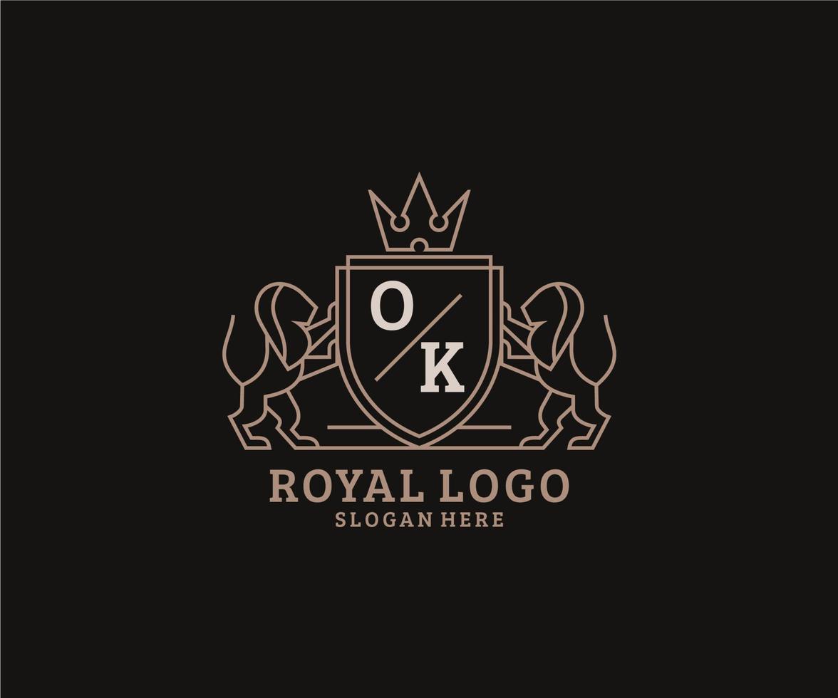 plantilla de logotipo de lujo real de león de letra ok inicial en arte vectorial para restaurante, realeza, boutique, cafetería, hotel, heráldica, joyería, moda y otras ilustraciones vectoriales. vector