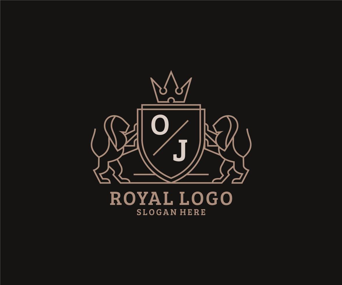 Initial OJ Letter Lion Royal Luxury Logo template in vector art for Restaurant, Royalty, Boutique, Cafe, Hotel, Heraldic, Jewelry, Fashion and other vector illustration.