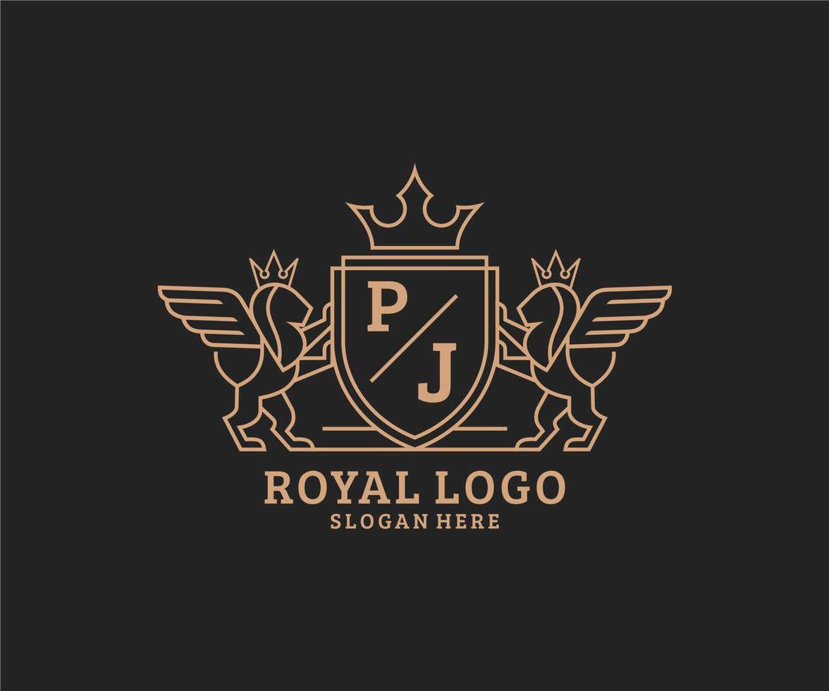 Initial PJ Letter Lion Royal Luxury Heraldic,Crest Logo template in vector art for Restaurant, Royalty, Boutique, Cafe, Hotel, Heraldic, Jewelry, Fashion and other vector illustration.
