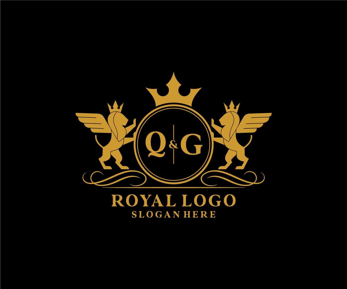 inicial qg letra león real lujo heráldica,cresta logo modelo en vector Arte para restaurante, realeza, boutique, cafetería, hotel, heráldico, joyas, Moda y otro vector ilustración.