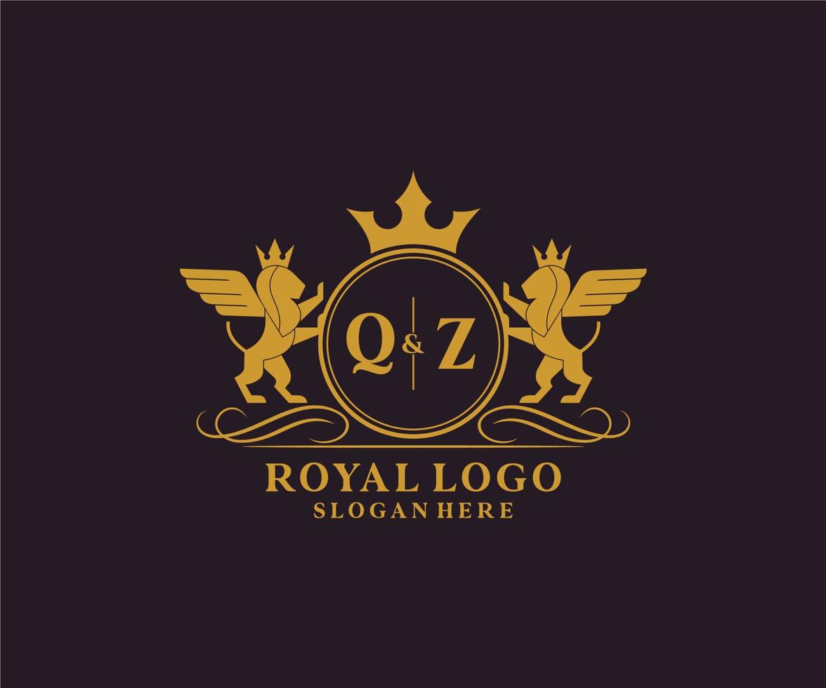 Initial QZ Letter Lion Royal Luxury Heraldic,Crest Logo template in vector art for Restaurant, Royalty, Boutique, Cafe, Hotel, Heraldic, Jewelry, Fashion and other vector illustration.