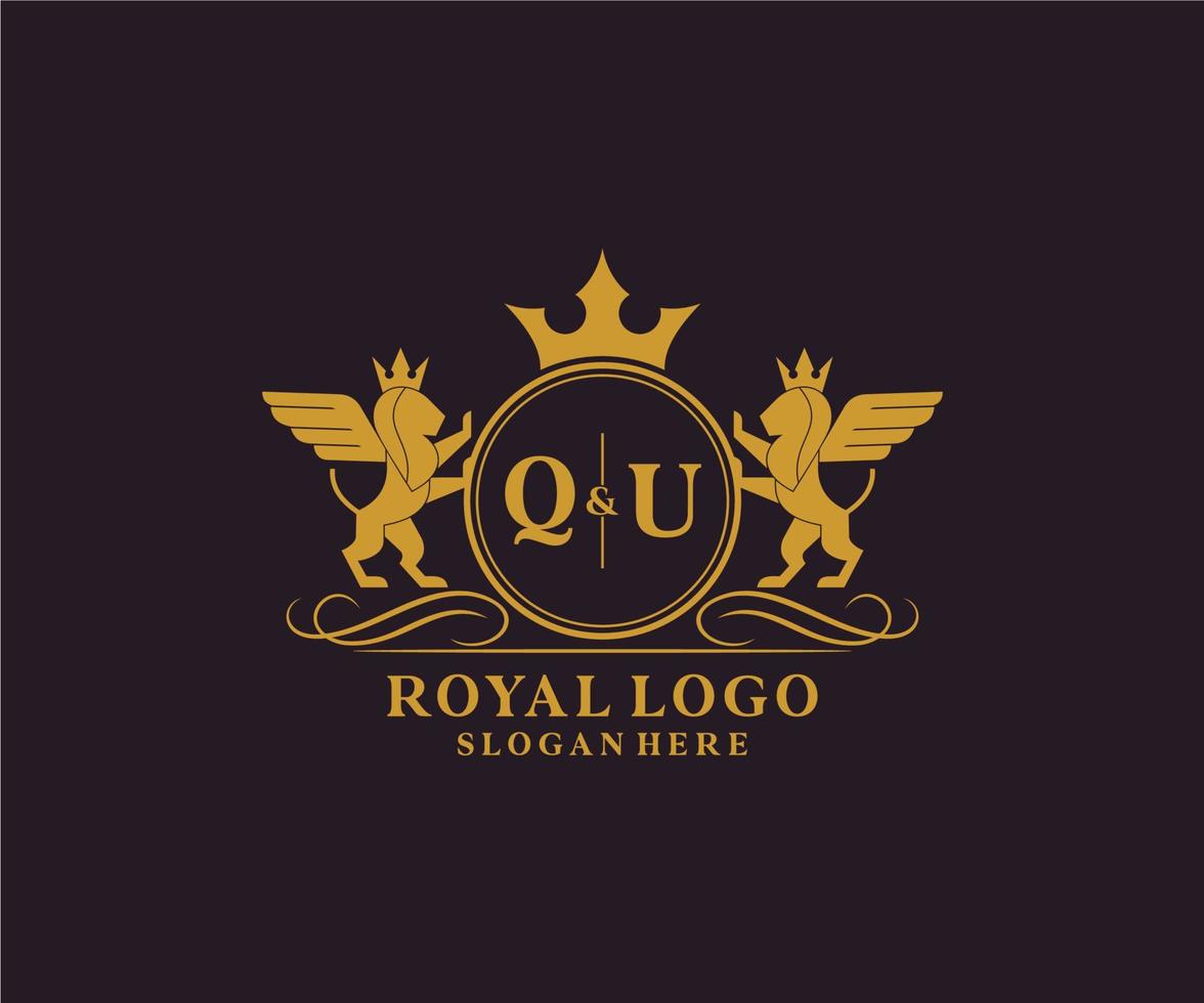 Initial QU Letter Lion Royal Luxury Heraldic,Crest Logo template in vector art for Restaurant, Royalty, Boutique, Cafe, Hotel, Heraldic, Jewelry, Fashion and other vector illustration.