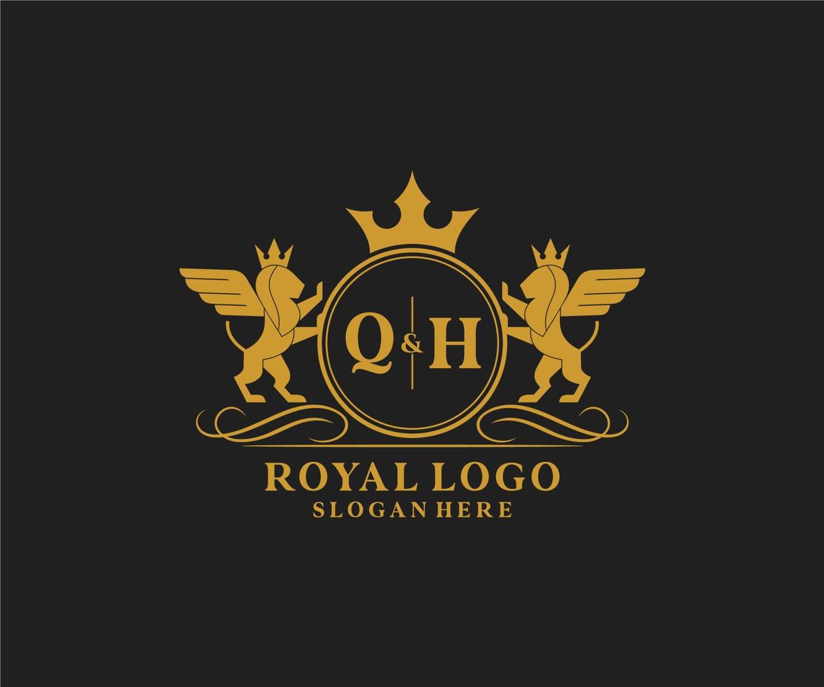 Initial QH Letter Lion Royal Luxury Heraldic,Crest Logo template in vector art for Restaurant, Royalty, Boutique, Cafe, Hotel, Heraldic, Jewelry, Fashion and other vector illustration.