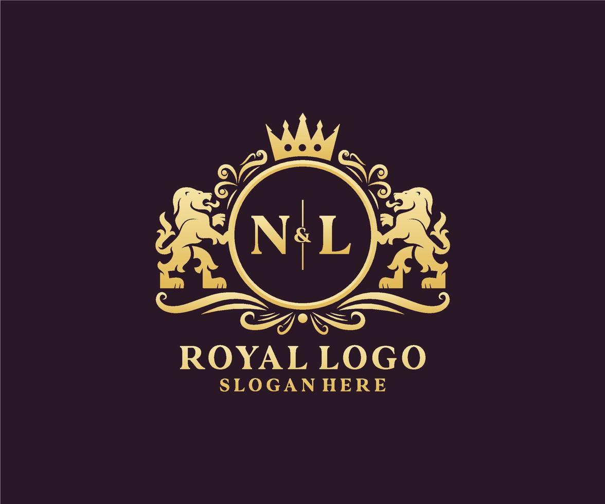 Initial NL Letter Lion Royal Luxury Logo template in vector art for Restaurant, Royalty, Boutique, Cafe, Hotel, Heraldic, Jewelry, Fashion and other vector illustration.