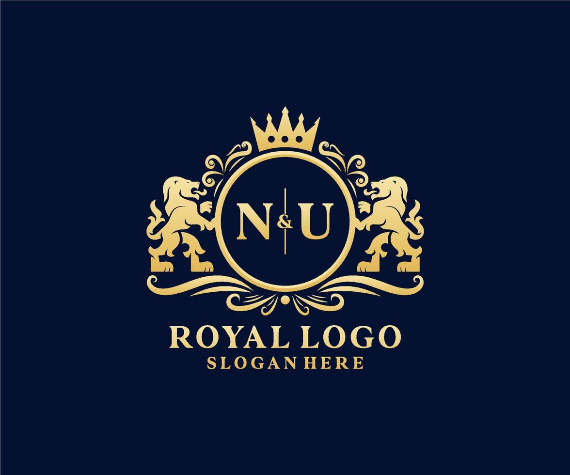 Initial NU Letter Lion Royal Luxury Logo template in vector art for Restaurant, Royalty, Boutique, Cafe, Hotel, Heraldic, Jewelry, Fashion and other vector illustration.